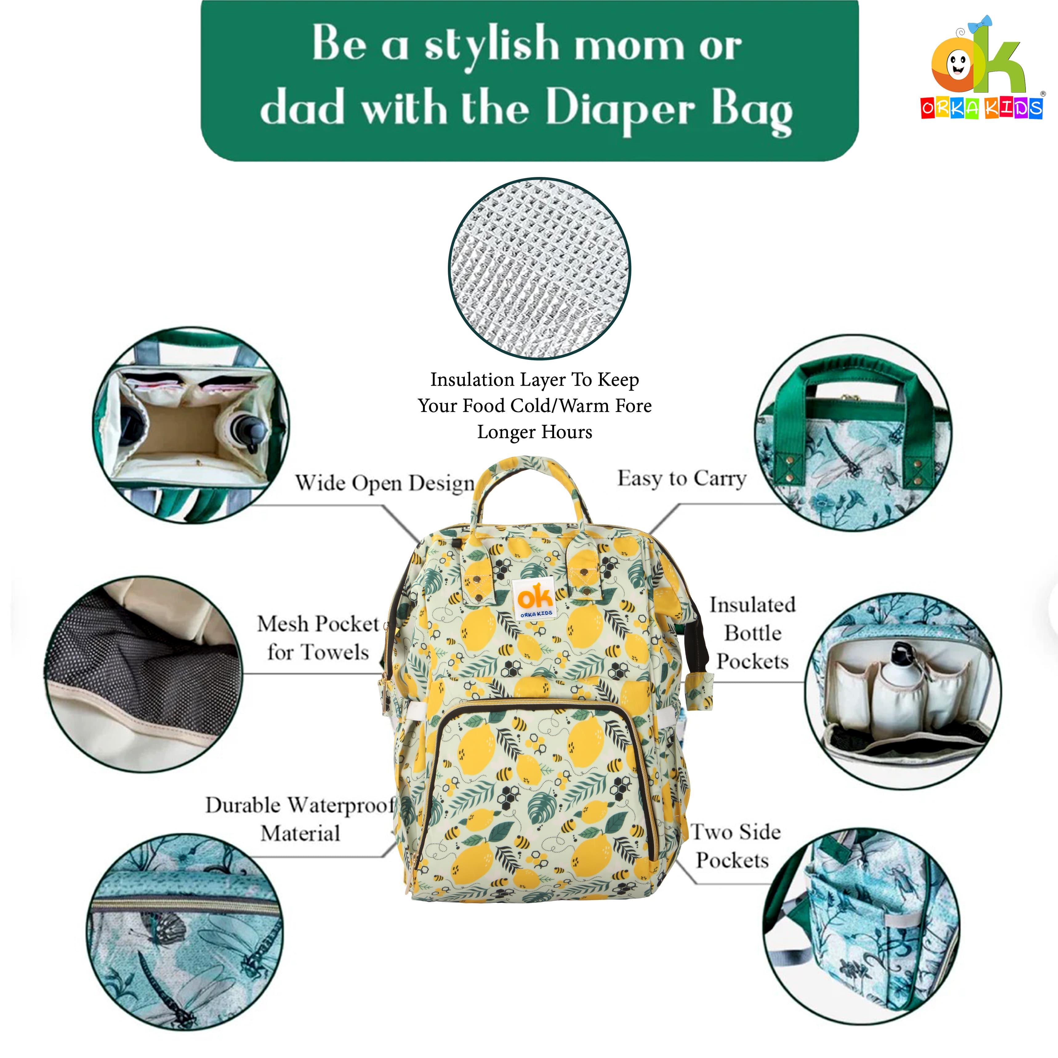 Orka Kids Moms Back Pack Waterproof Mother Bag for Babies, Diaper Bag for Baby, Maternity Travel Backpack Spacious Cushioned Shoulder Strap Many Compartment Multi Utility Large (Lemon Fruits) view 6