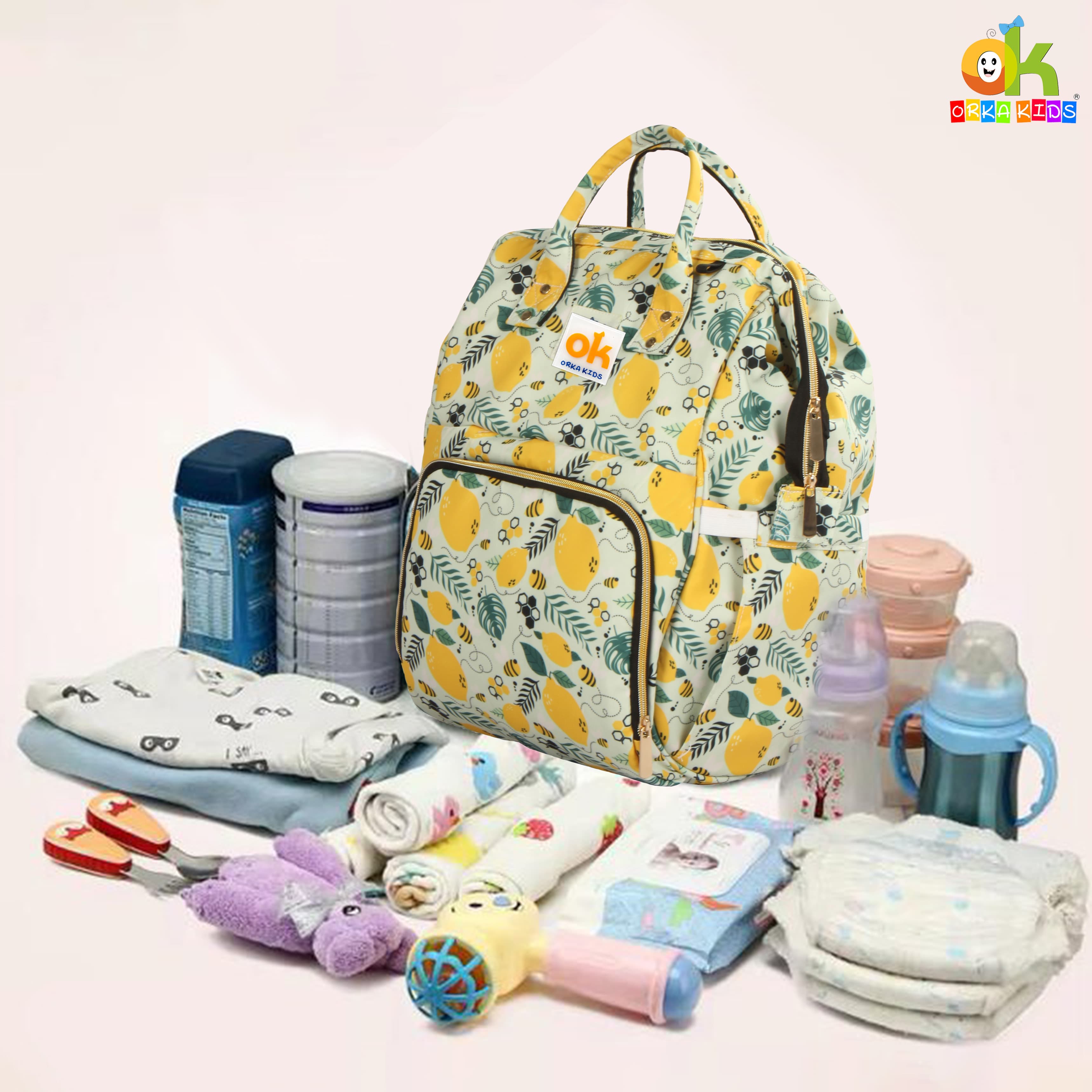 Orka Kids Moms Back Pack Waterproof Mother Bag for Babies, Diaper Bag for Baby, Maternity Travel Backpack Spacious Cushioned Shoulder Strap Many Compartment Multi Utility Large (Lemon Fruits) view 7