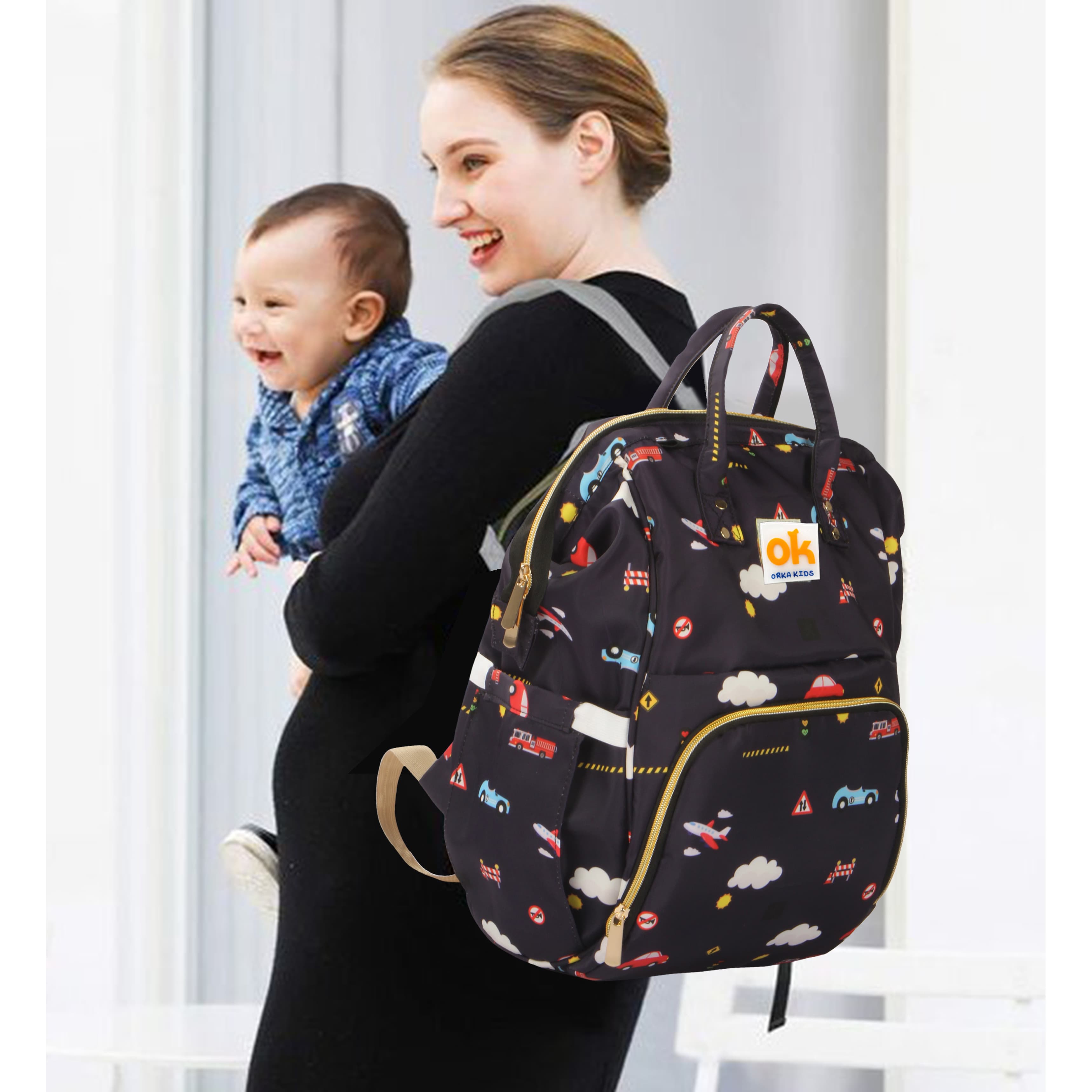 Orka Kids Moms Back Pack Waterproof Mother Bag for Babies, Diaper Bag for Baby, Maternity Travel Backpack Spacious Cushioned Shoulder Strap Many Compartment Multi Utility Large (Plans Car) view 5