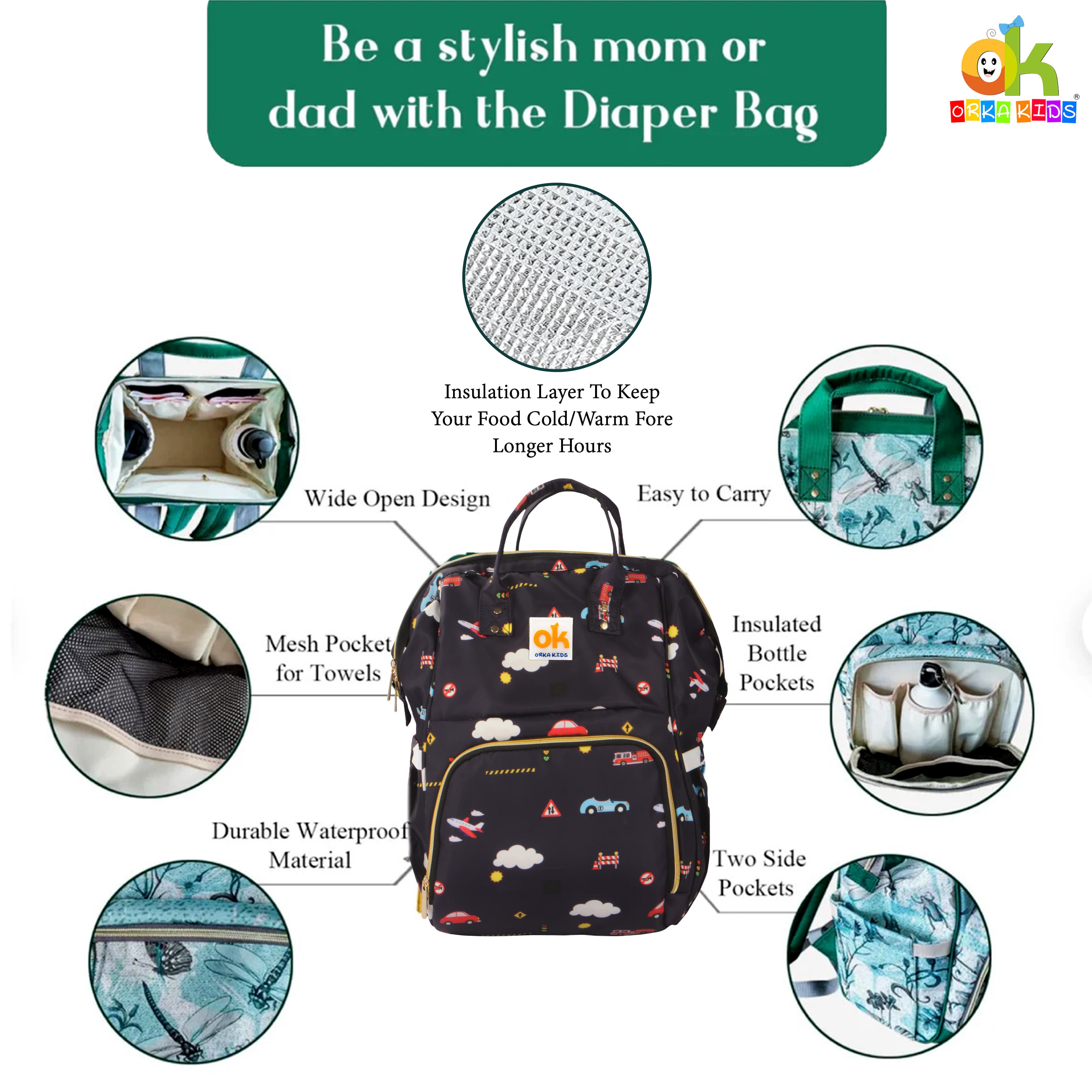 Orka Kids Moms Back Pack Waterproof Mother Bag for Babies, Diaper Bag for Baby, Maternity Travel Backpack Spacious Cushioned Shoulder Strap Many Compartment Multi Utility Large (Plans Car) view 6