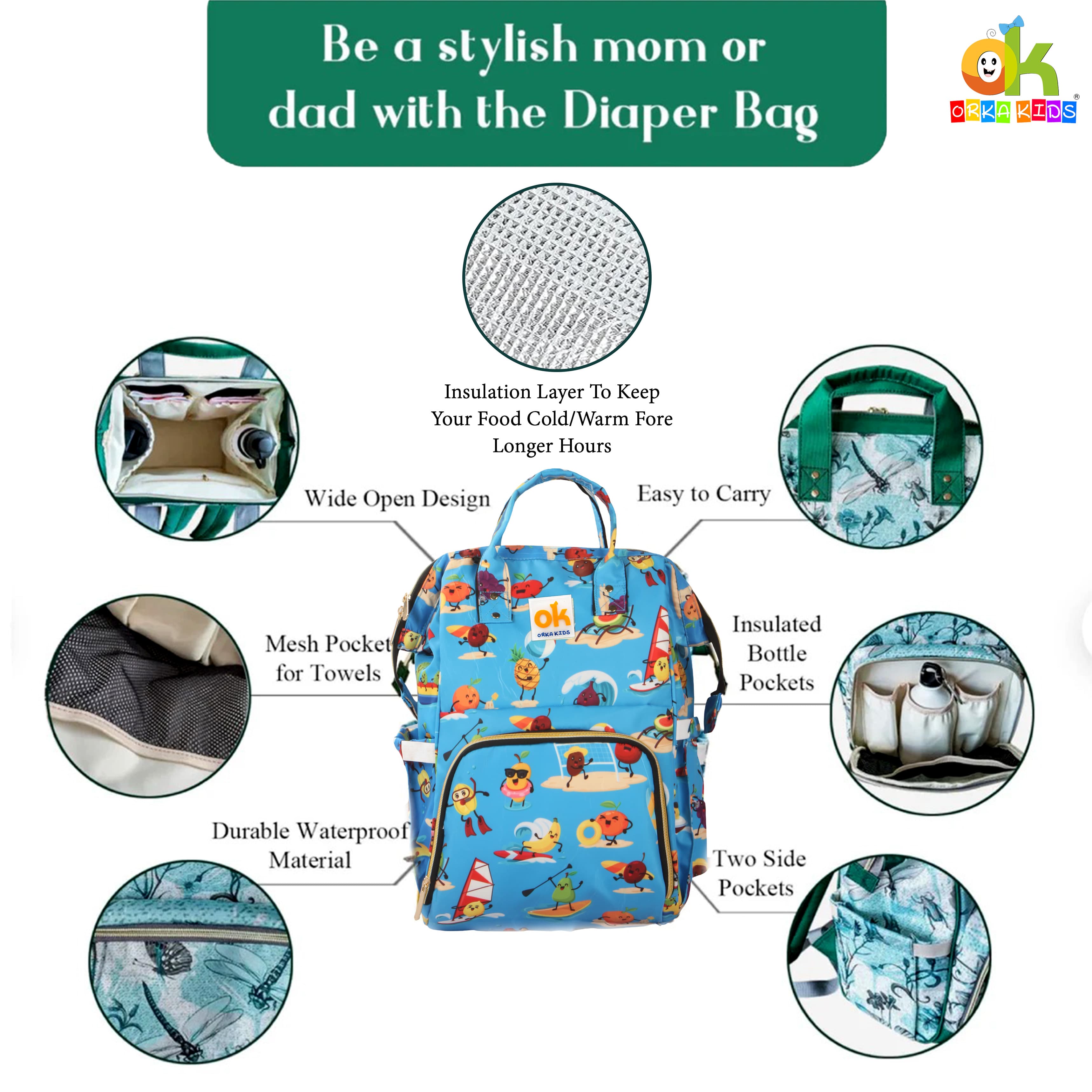 Orka Kids Moms Back Pack Waterproof Mother Bag for Babies, Diaper Bag for Baby, Maternity Travel Backpack Spacious Cushioned Shoulder Strap Many Compartment Multi Utility Large (Vector Cartoons) view 6
