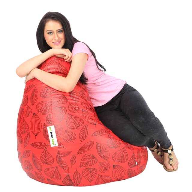 Orka Digital Printed XXXL Filled Bean Bag With Beans (Leaf, Red)