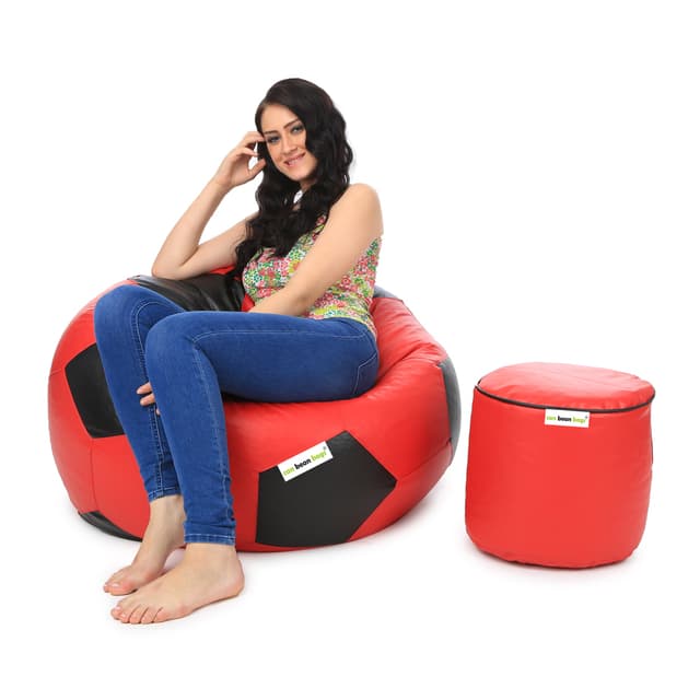 Orka Classic XXL Foorball With Mathching Footstool Filled Bean Bag With Beans (Red, Black)