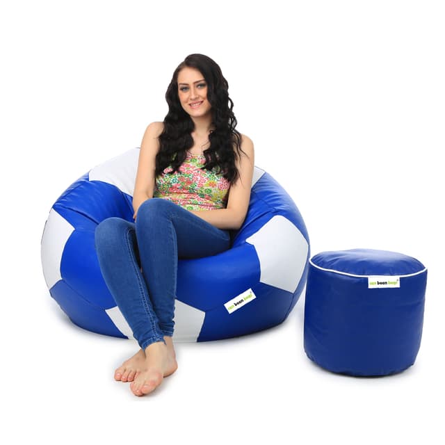 Orka Classic XXXL Foorball With Mathching Footstool Filled Bean Bag With Beans (Blue, White)