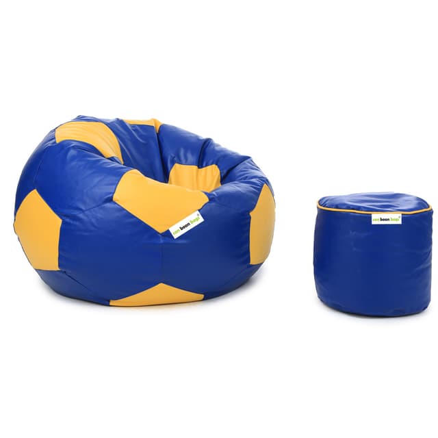 Orka Classic XXXL Foorball With Mathching Footstool Filled Bean Bag With Beans (Yellow, Blue)