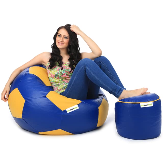 Orka Classic XXXL Foorball With Mathching Footstool Filled Bean Bag With Beans (Yellow, Blue)