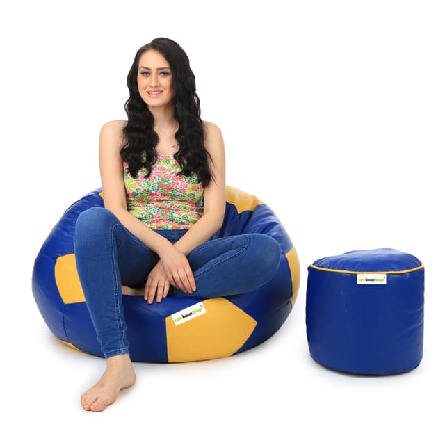 Orka Classic XXXL Foorball With Mathching Footstool Filled Bean Bag With Beans (Yellow, Blue)