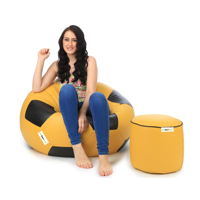Orka Classic XXXL Foorball With Mathching Footstool Filled Bean Bag With Beans (Yellow, Black)