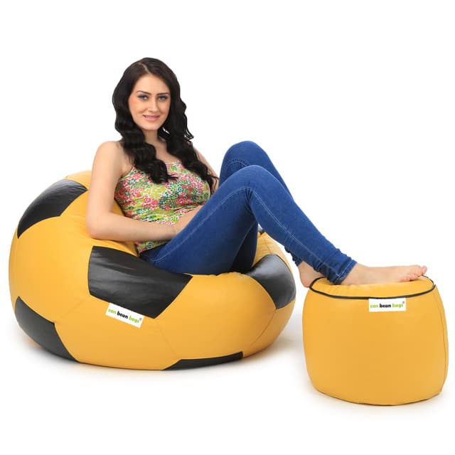 Orka Classic XXXL Foorball With Mathching Footstool Filled Bean Bag With Beans (Yellow, Black)