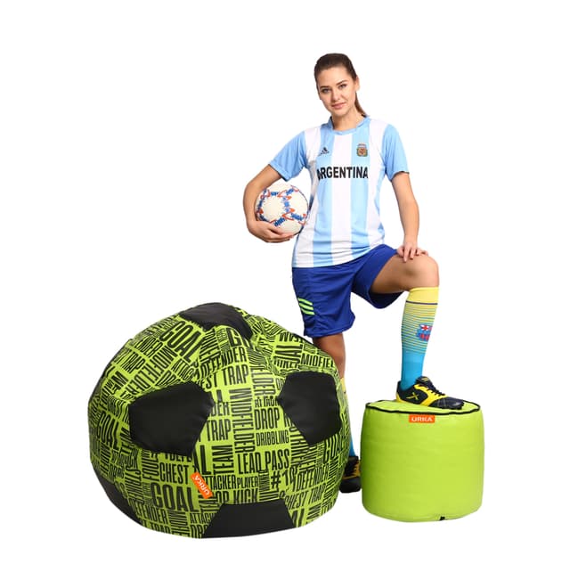 Orka Digital Printed XXL Foorball With Mathching Footstool Filled Bean Bag With Beans (FB05 Yellow,Black)