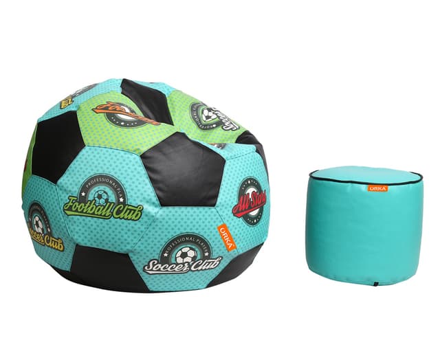 Orka Digital Printed XXXL Foorball With Mathching Footstool Filled Bean Bag With Beans (FB08 Teal,Black)