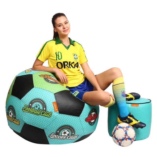 Orka Digital Printed XXXL Foorball With Mathching Footstool Filled Bean Bag With Beans (FB08 Teal,Black)