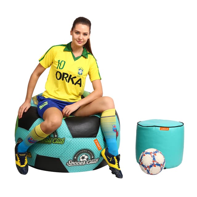Orka Digital Printed XXXL Foorball With Mathching Footstool Filled Bean Bag With Beans (FB08 Teal,Black)