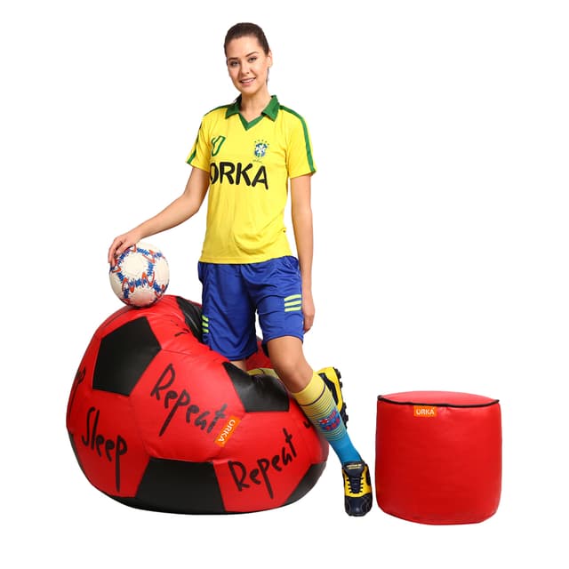 Orka Digital Printed XXL Foorball With Mathching Footstool Filled Bean Bag With Beans (FB14 Red,Black)