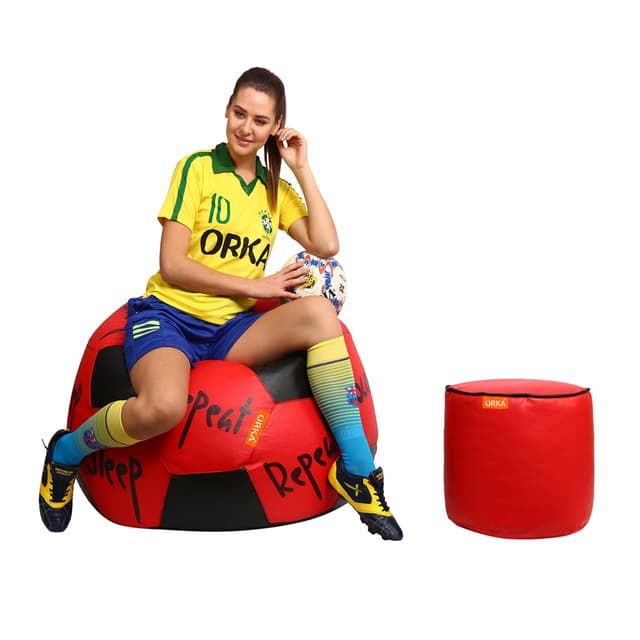 Orka Digital Printed XXL Foorball With Mathching Footstool Filled Bean Bag With Beans (FB14 Red,Black)