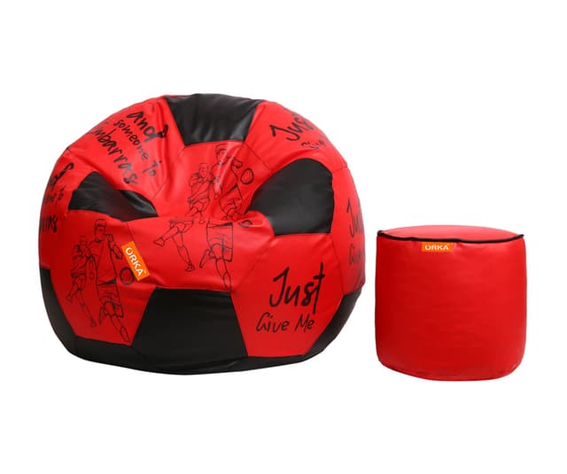 Orka Digital Printed XXL Foorball With Mathching Footstool Filled Bean Bag With Beans (FB15Red,Black)