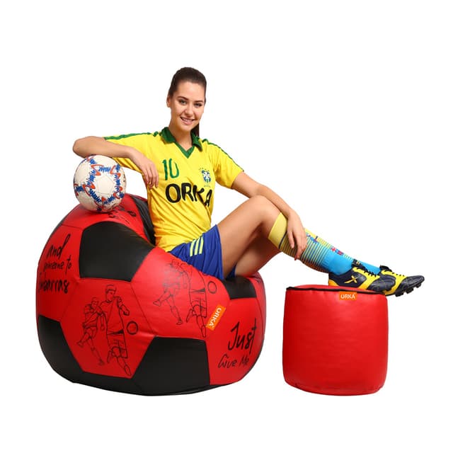 Orka Digital Printed XXL Foorball With Mathching Footstool Filled Bean Bag With Beans (FB15Red,Black)