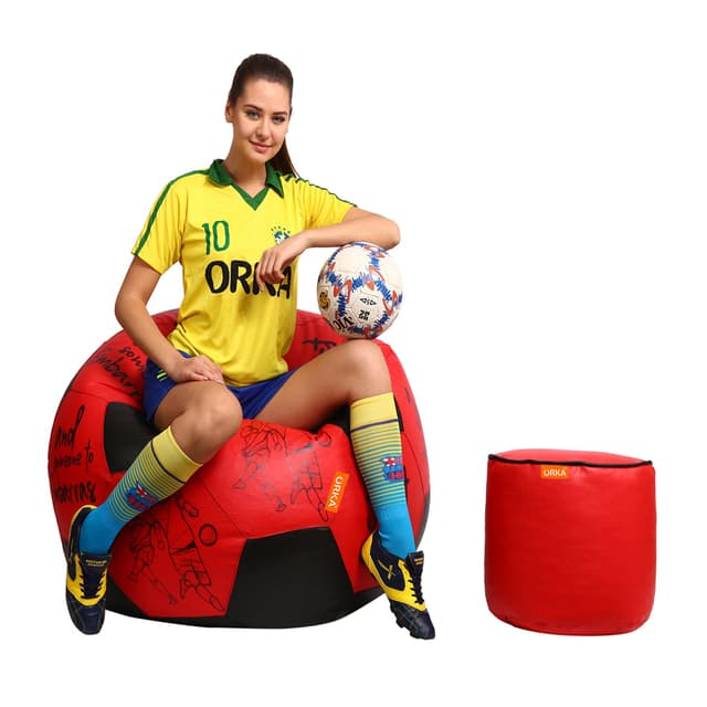 Orka Digital Printed XXL Foorball With Mathching Footstool Filled Bean Bag With Beans (FB15Red,Black)