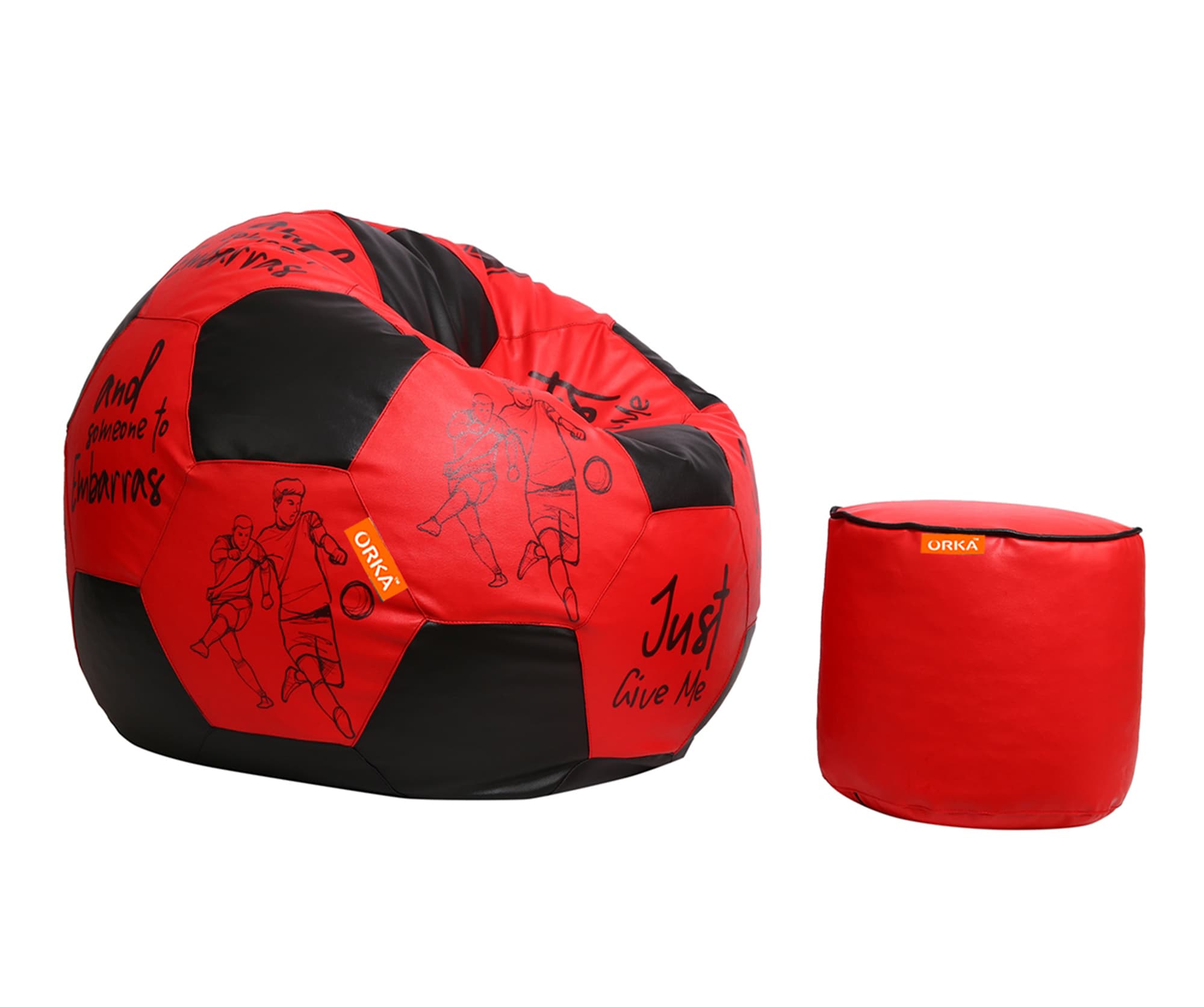 Orka Digital Printed XXXL Foorball With Mathching Footstool Filled Bean Bag With Beans (FB15 Red,Black) view 3