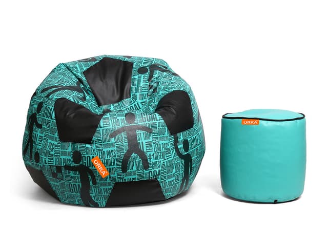 Orka Digital Printed XXXL Foorball With Mathching Footstool Filled Bean Bag With Beans (FB29 Teal,Black)