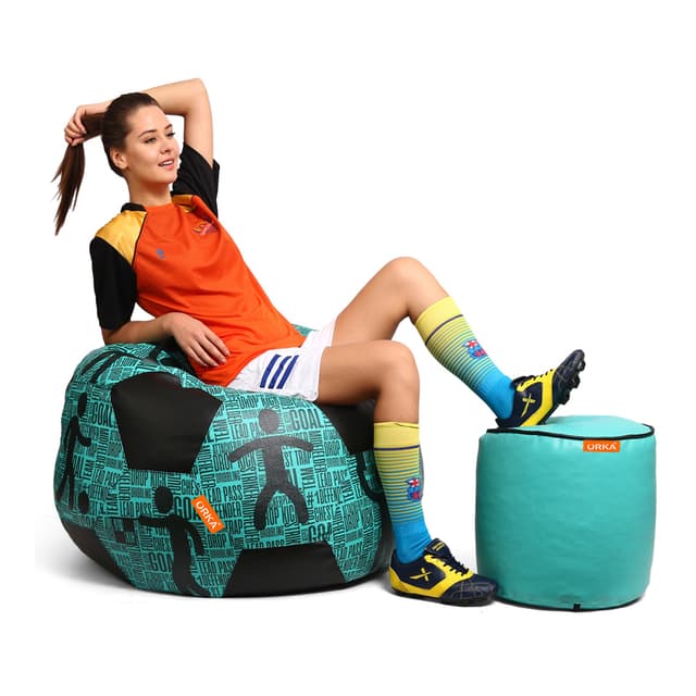 Orka Digital Printed XXXL Foorball With Mathching Footstool Filled Bean Bag With Beans (FB29 Teal,Black)