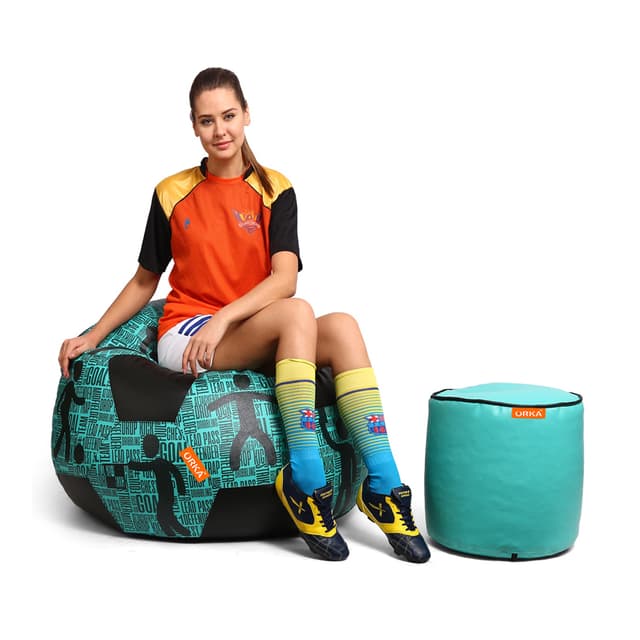Orka Digital Printed XXXL Foorball With Mathching Footstool Filled Bean Bag With Beans (FB29 Teal,Black)