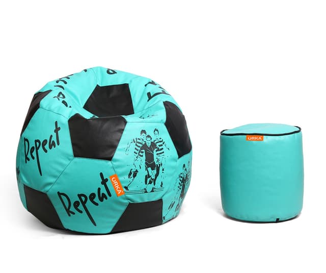 Orka Digital Printed XXXL Foorball With Mathching Footstool Filled Bean Bag With Beans (FB30 Teal,Black)