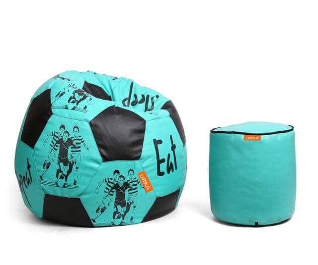 Orka Digital Printed XXXL Foorball With Mathching Footstool Filled Bean Bag With Beans (FB30 Teal,Black)
