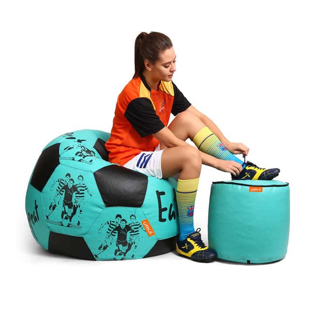 Orka Digital Printed XXXL Foorball With Mathching Footstool Filled Bean Bag With Beans (FB30 Teal,Black)