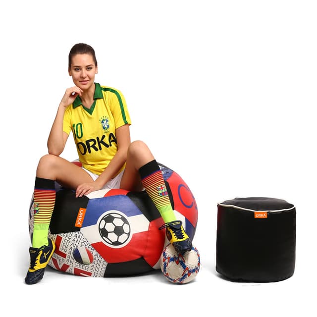 Orka Digital Printed XXXL Foorball With Mathching Footstool Filled Bean Bag With Beans (FB46 Multicolor)