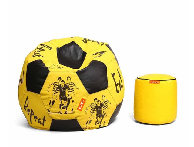 Orka Digital Printed XXXL Foorball With Mathching Footstool Filled Bean Bag With Beans (FB58 Yellow,Black)