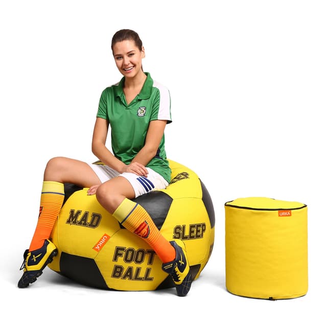 Orka Digital Printed XXXL Foorball With Mathching Footstool Filled Bean Bag With Beans (FB72 Yellow,Black)