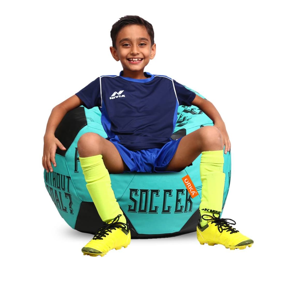 Orka Digital Printed Kids Foorball With Mathching Footstool Filled Bean Bag With Beans (FB28 Teal,Black) view 2