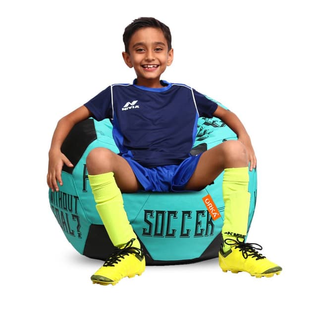 Orka Digital Printed Kids Foorball With Mathching Footstool Filled Bean Bag With Beans (FB28 Teal,Black)