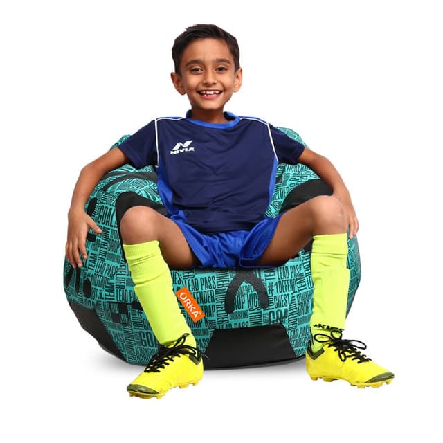 Orka Digital Printed Kids Foorball With Mathching Footstool Filled Bean Bag With Beans (FB29 Teal,Black)