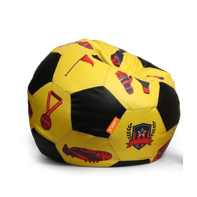 Orka Digital Printed Kids Foorball With Mathching Footstool Filled Bean Bag With Beans (FB56 Yellow,Black)