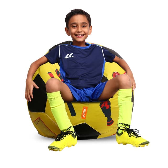 Orka Digital Printed Kids Foorball With Mathching Footstool Filled Bean Bag With Beans (FB56 Yellow,Black)