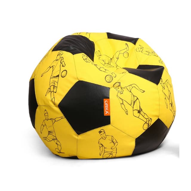 Orka Digital Printed Kids Foorball With Mathching Footstool Filled Bean Bag With Beans (FB57 Yellow,Black)