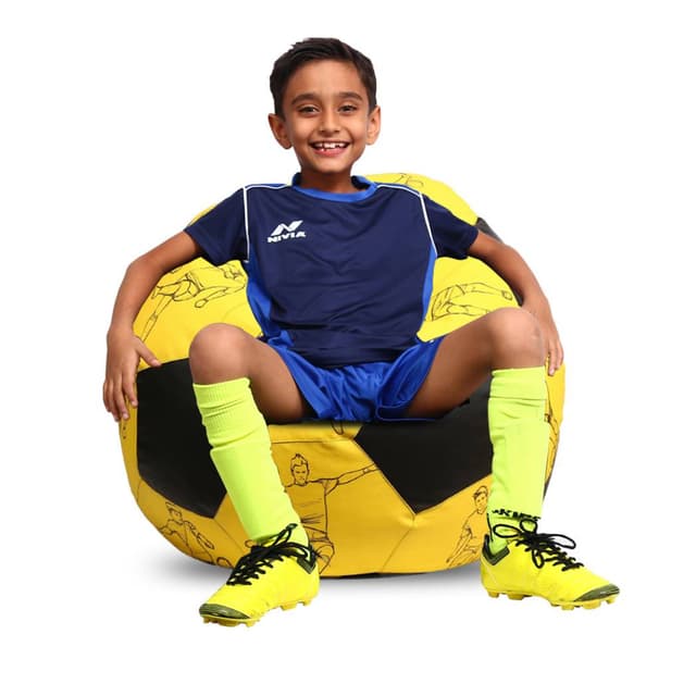 Orka Digital Printed Kids Foorball With Mathching Footstool Filled Bean Bag With Beans (FB57 Yellow,Black)