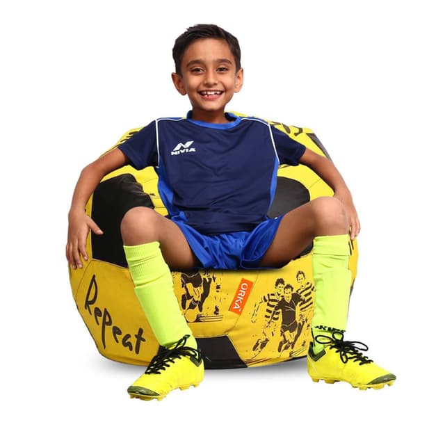 Orka Digital Printed Kids Foorball With Mathching Footstool Filled Bean Bag With Beans (FB58 Yellow,Black)