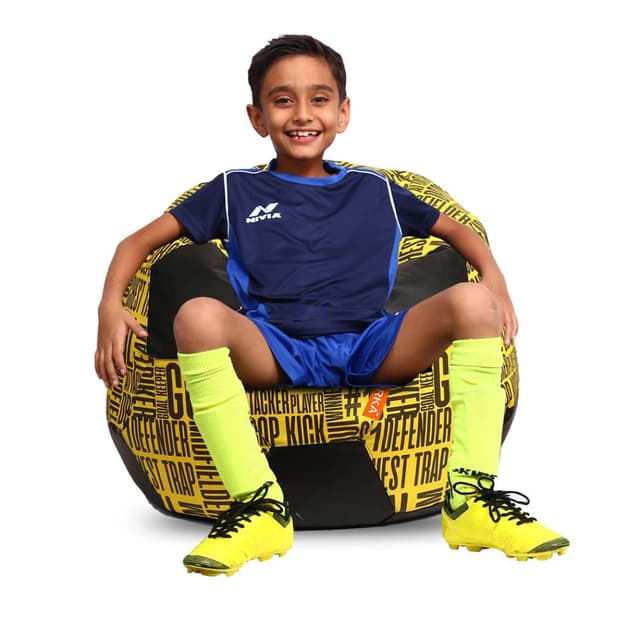 Orka Digital Printed Kids Foorball With Mathching Footstool Filled Bean Bag With Beans (FB59 Yellow,Black)