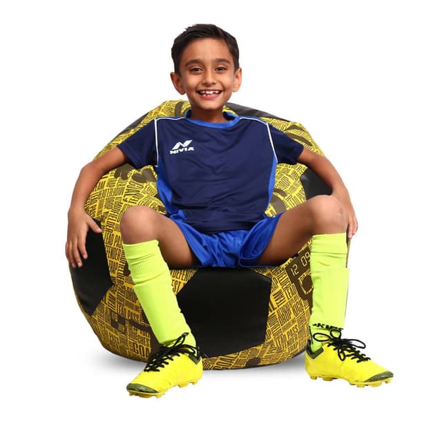 Orka Digital Printed Kids Foorball With Mathching Footstool Filled Bean Bag With Beans (FB60 Yellow,Black)