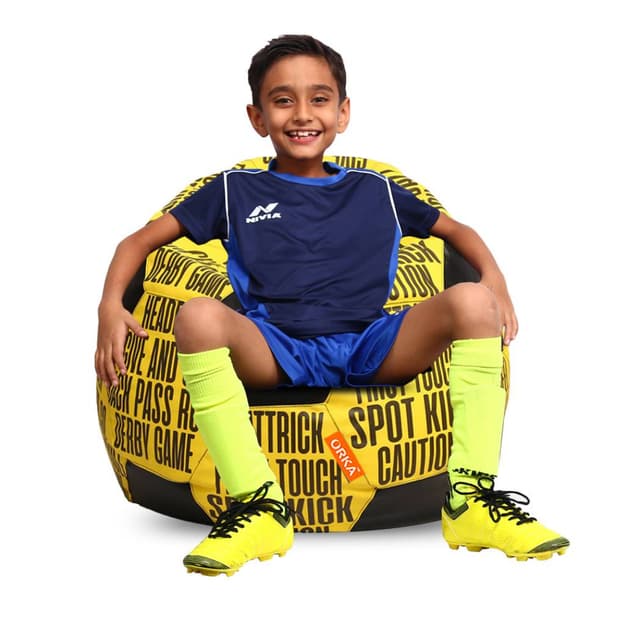 Orka Digital Printed Kids Foorball With Mathching Footstool Filled Bean Bag With Beans (FB61 Yellow,Black)