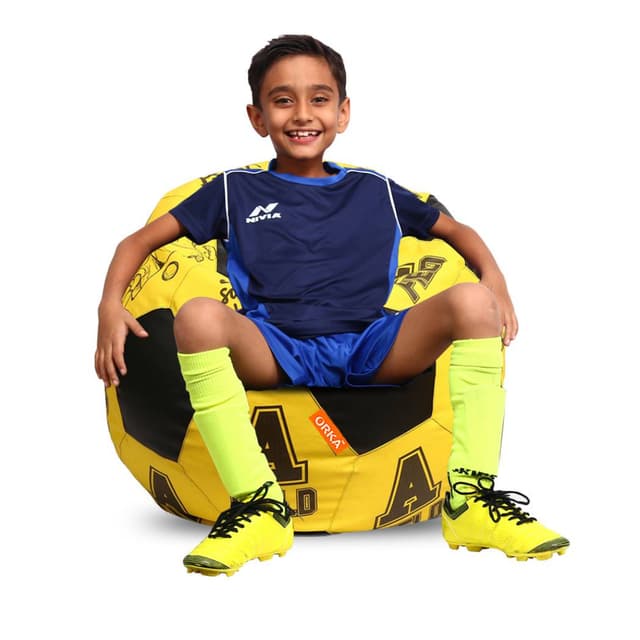 Orka Digital Printed Kids Foorball With Mathching Footstool Filled Bean Bag With Beans (FB62 Yellow,Black)