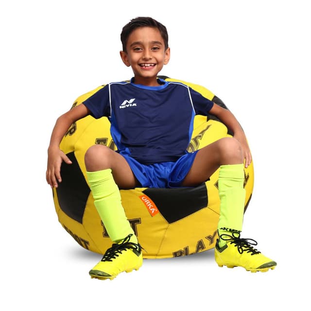 Orka Digital Printed Kids Foorball With Mathching Footstool Filled Bean Bag With Beans (FB72 Yellow,Black)