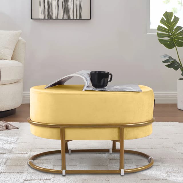Primrose Velvet Upholstered Ottoman with Gold Plating Base Foot Vanity Makeup Stool, Side Stool for Bedroom Living Room (Craig)
