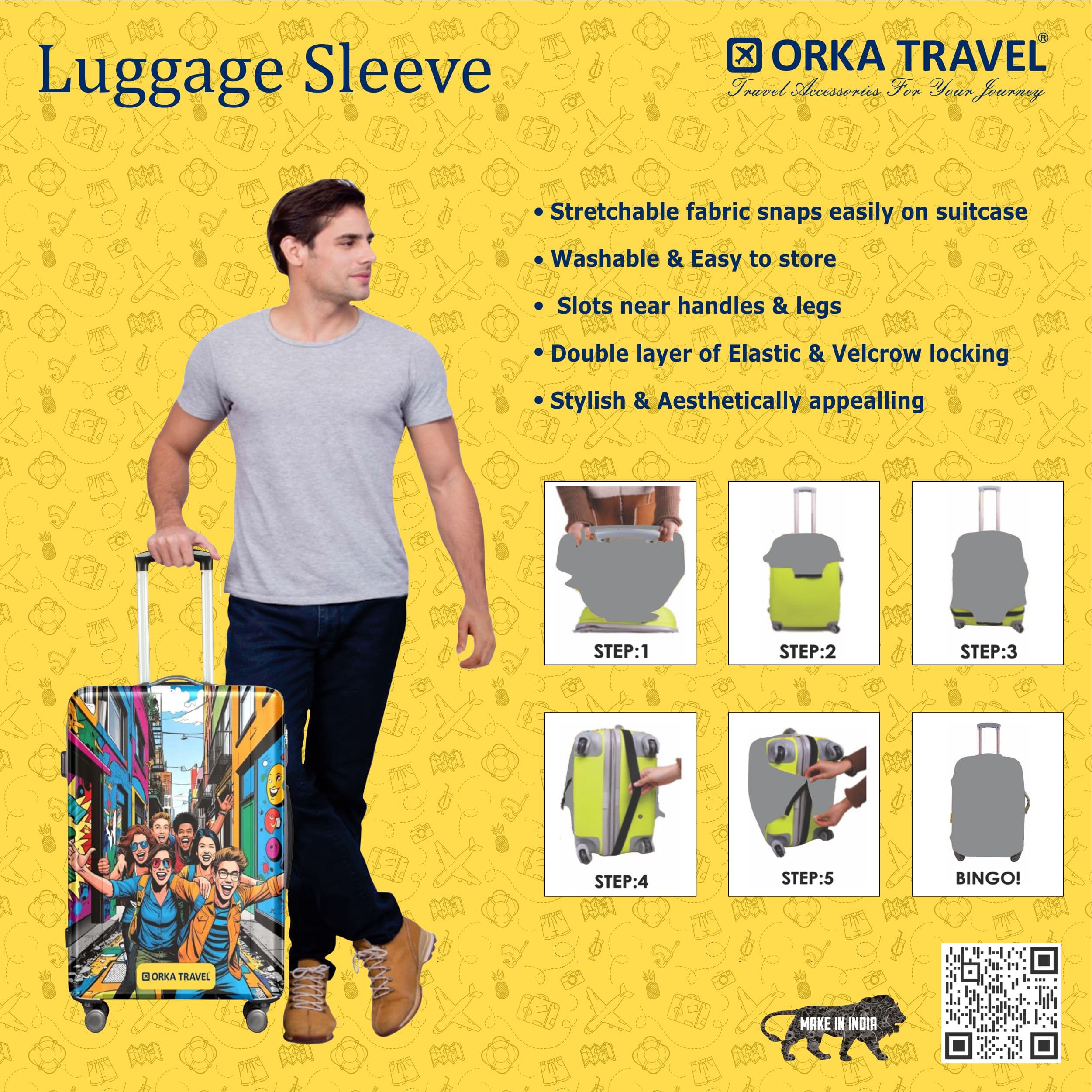 Orka Travel Digital Printed Spandex Fabric Luggage Sleeve Cover (D1) view 3