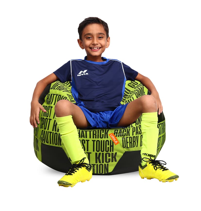 Orka Digital Printed Kids Foorball With Mathching Footstool Filled Bean Bag With Beans (FB03 Yellow,Black)