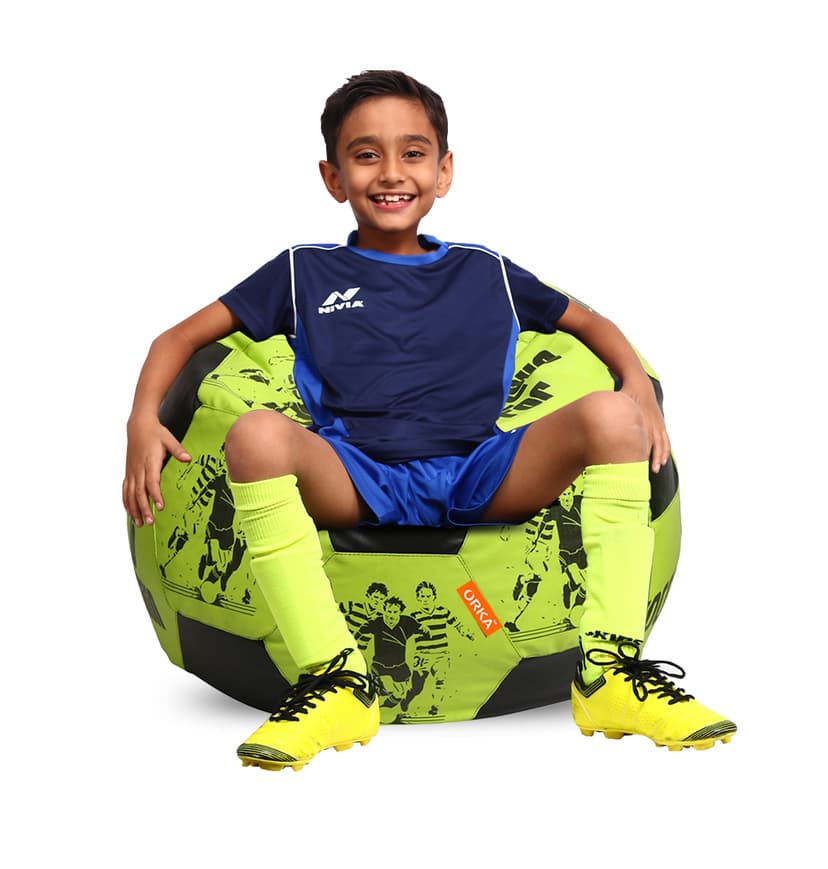 Orka Digital Printed Kids Foorball With Mathching Footstool Filled Bean Bag With Beans (FB04 Yellow,Black)