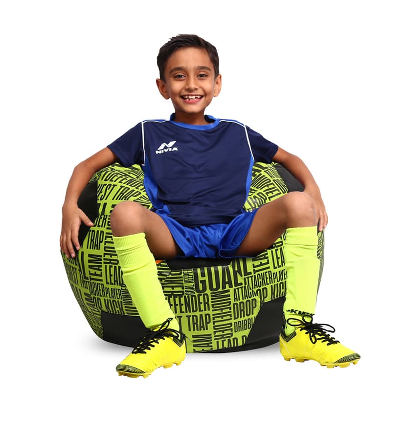 Orka Digital Printed Kids Foorball With Mathching Footstool Filled Bean Bag With Beans (FB05 Yellow,Black)